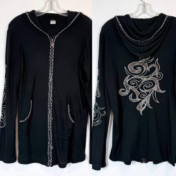 Y2K Black Zip Up Hoodie Jacket Tribal Embroidery Boho Goth Festival Large - Picture 1 of 12